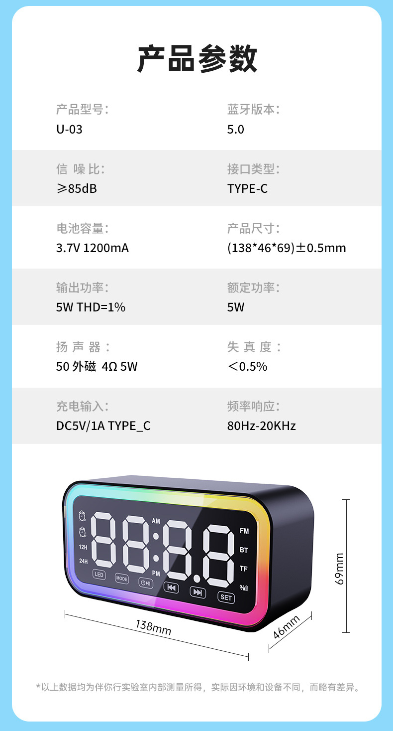 亚马逊热销蓝牙音箱 无线音箱桌面时钟电脑小音响智能语音小夜灯详情27