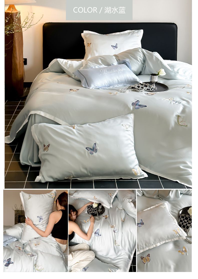 Class A light luxury high-end imported 100 Lensing Tencel embroidery four-piece set summer ice silk bed sheets, duvet covers and bedding pic 20