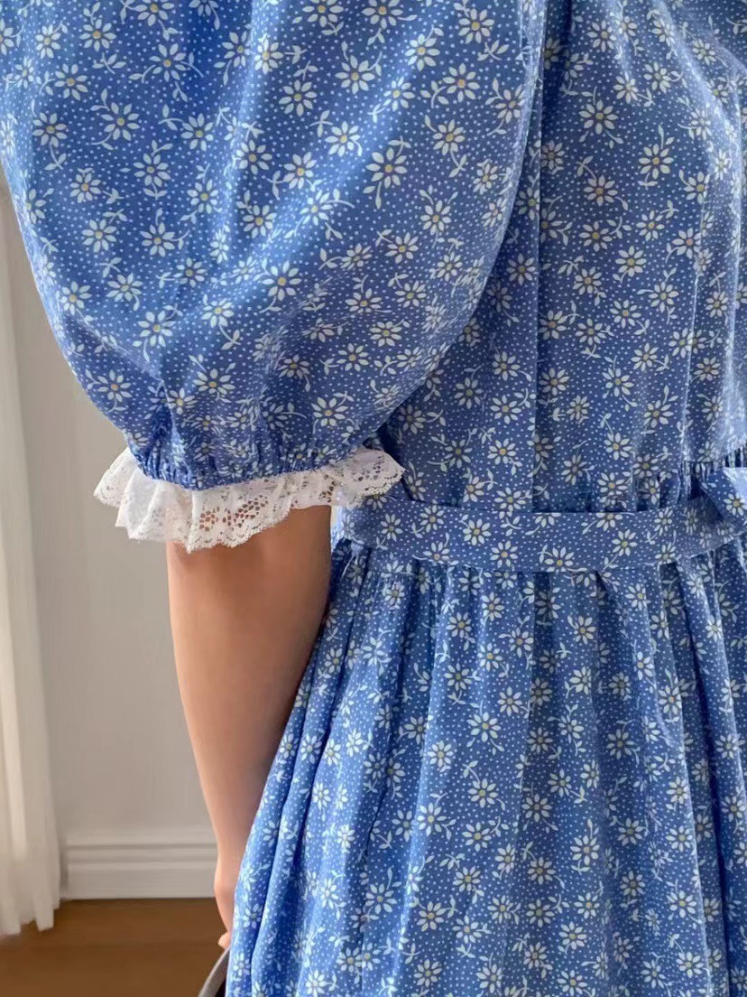 韩国东大门2023夏季新款时尚碎花蕾丝拼接圆领长款休闲连衣裙女详情8