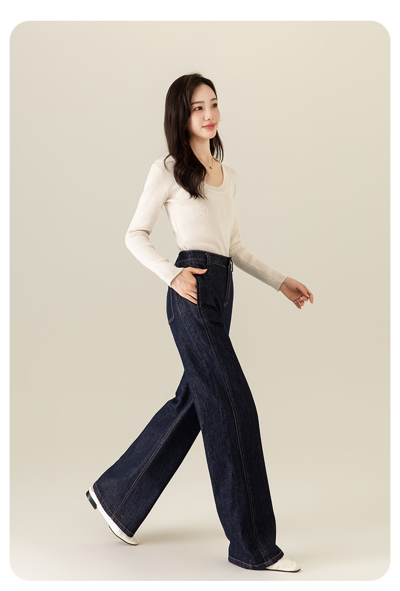 鑫阁丹宁蓝深蓝色不易褪色直筒牛仔裤女2025秋冬新款显瘦阔腿裤子详情5