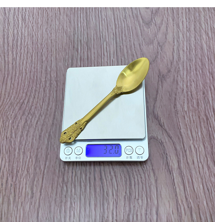 不锈钢金色浮雕茶勺西餐镀金茶勺吊环砂光西瓜勺尖柄茶匙详情11