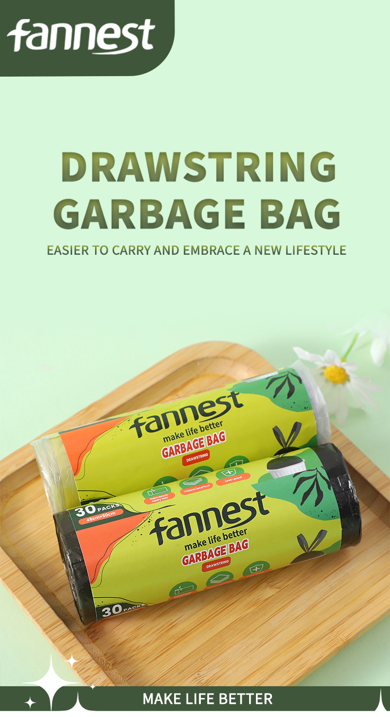 跨境抽绳垃圾袋家用厚款带拎手自动收口一次性塑料袋全英文包装环保耐用便捷清洁用品详情1