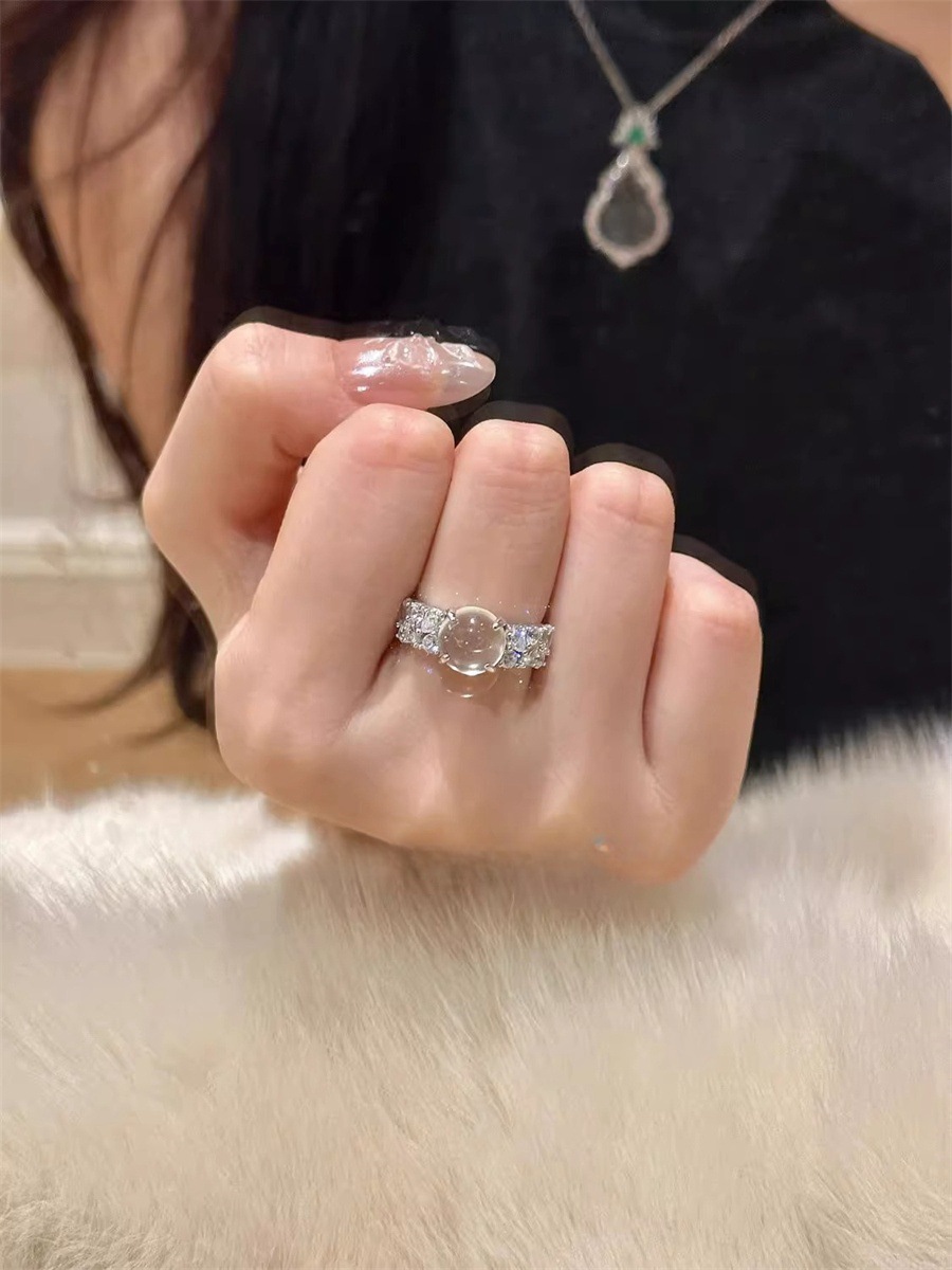 新中式冰透玉髓戒指女时尚小众设计食指戒轻奢高级感锆石开口指环详情2