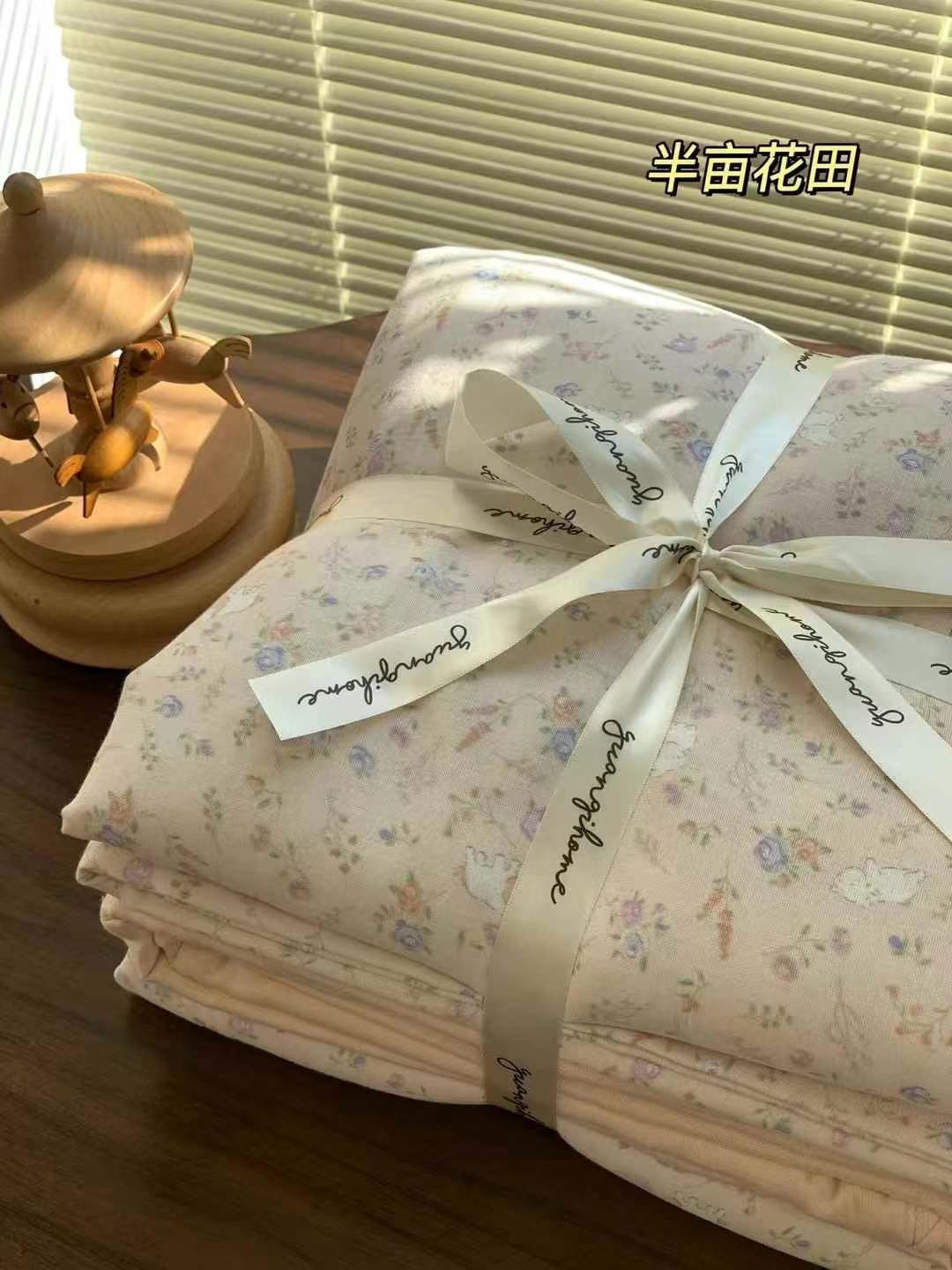 A set of three or four pieces with fresh small floral print double-layer yarn, pure cotton soft naked sleeping quilt cover and cartoon bedding pic 47