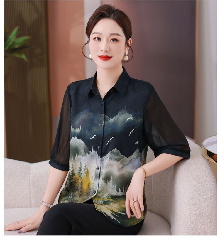 中老年人夏装女衬衫奶奶真丝衬衣老人衣服妈妈桑蚕丝休闲T恤上衣详情5