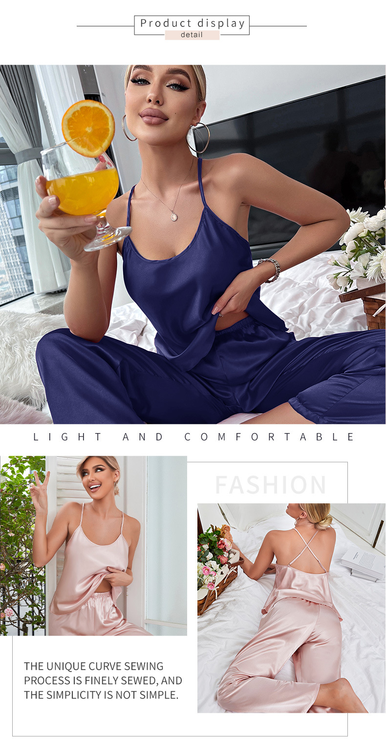 欧美跨境冰丝家居服透气露背吊带裙长裤套装女仿真丝绸睡衣批发详情7