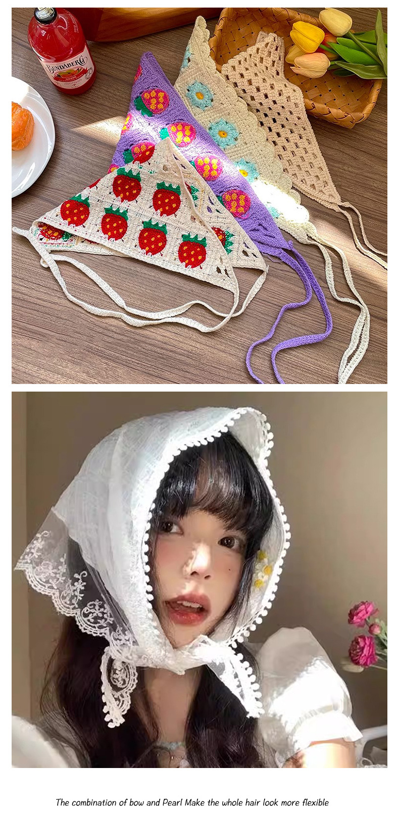 French retro knitted handmade lace triangular scarf, sweet and elegant artistic style headscarf, 2025 new style hair band pic 15