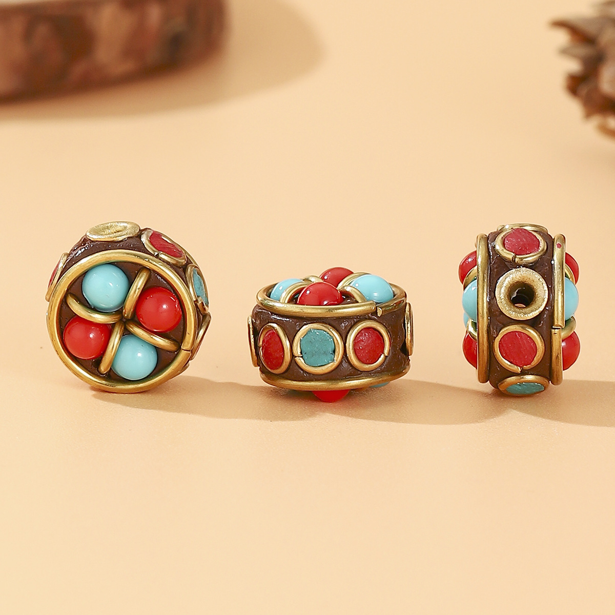 Retro Chinese-style Tibetan Nepalese copper beads inlaid with red and blue beads, bucket beads, DIY jewelry accessories, backlit clouds with partition beads pic 6