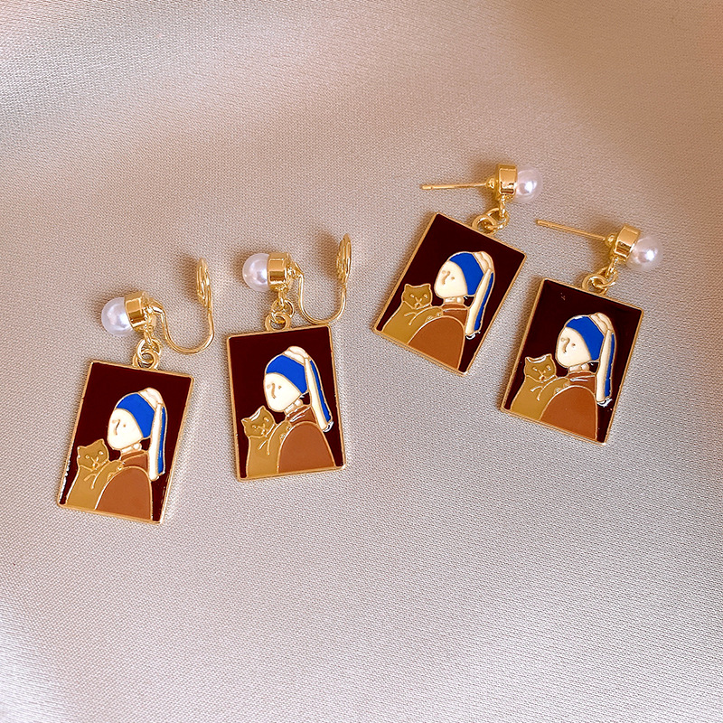 银针莫奈花园滴油女孩小猫珍珠款耳钉复古高级感耳环油画风耳饰女详情15