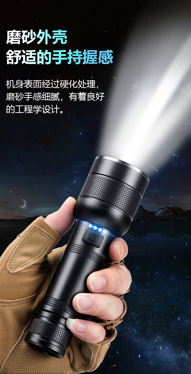 跨境新款XHP50强光手电筒铝合金户外电量显示USB充电伸缩变焦详情11