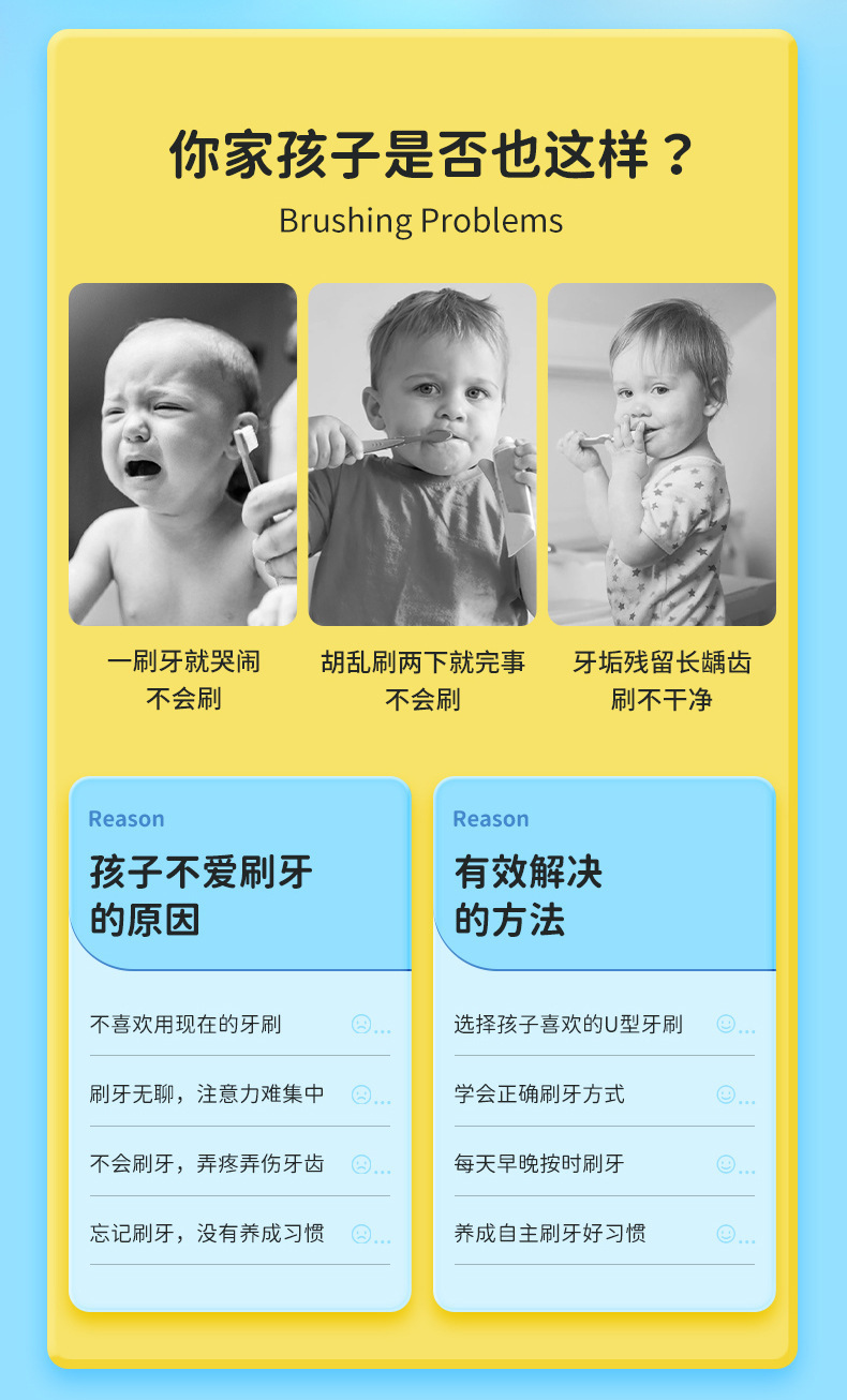 英文卡装新款手动儿童U型牙刷硅胶牙刷宝宝口含式口腔清洁手动U型详情3