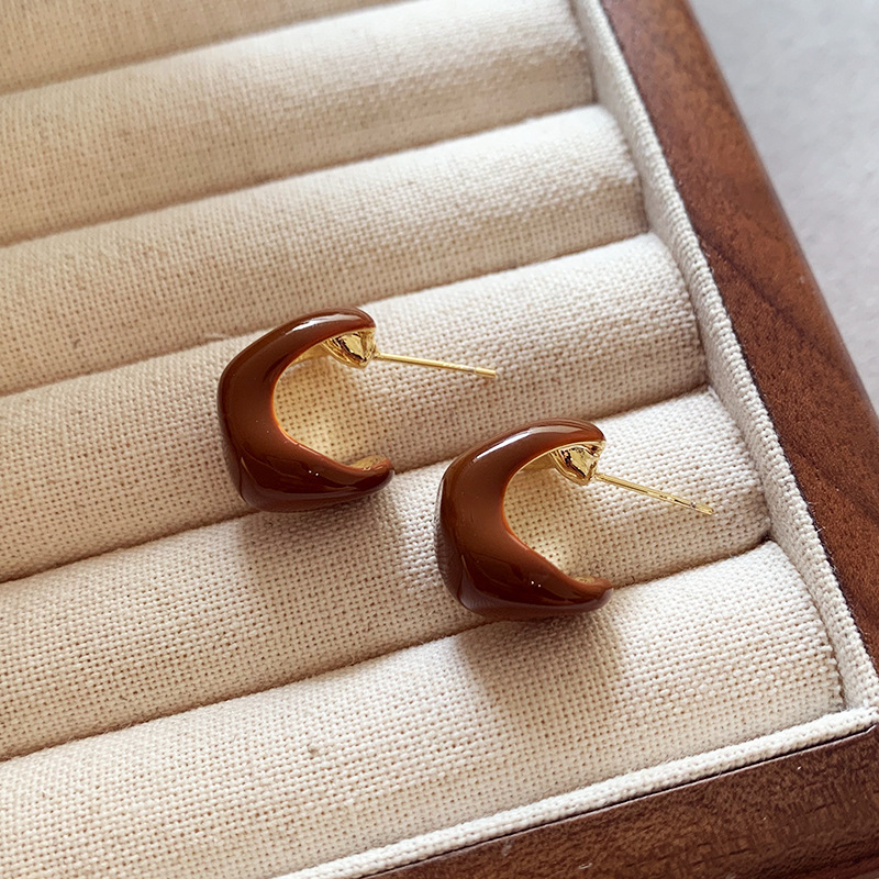 银针咖色滴油波浪弯曲耳钉复古轻奢耳环简约气质高级感耳饰批发女详情5