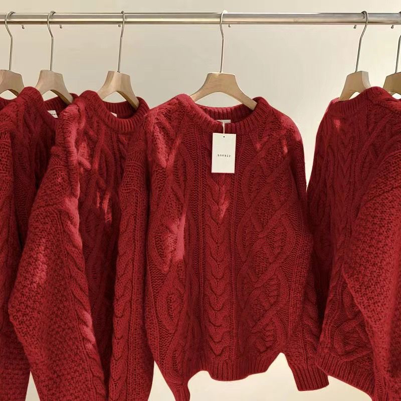 A large-sized red tweed sweater for Christmas and New Year, thick and loose for women, and a laid-back pullover sweater for autumn and winter pic 7