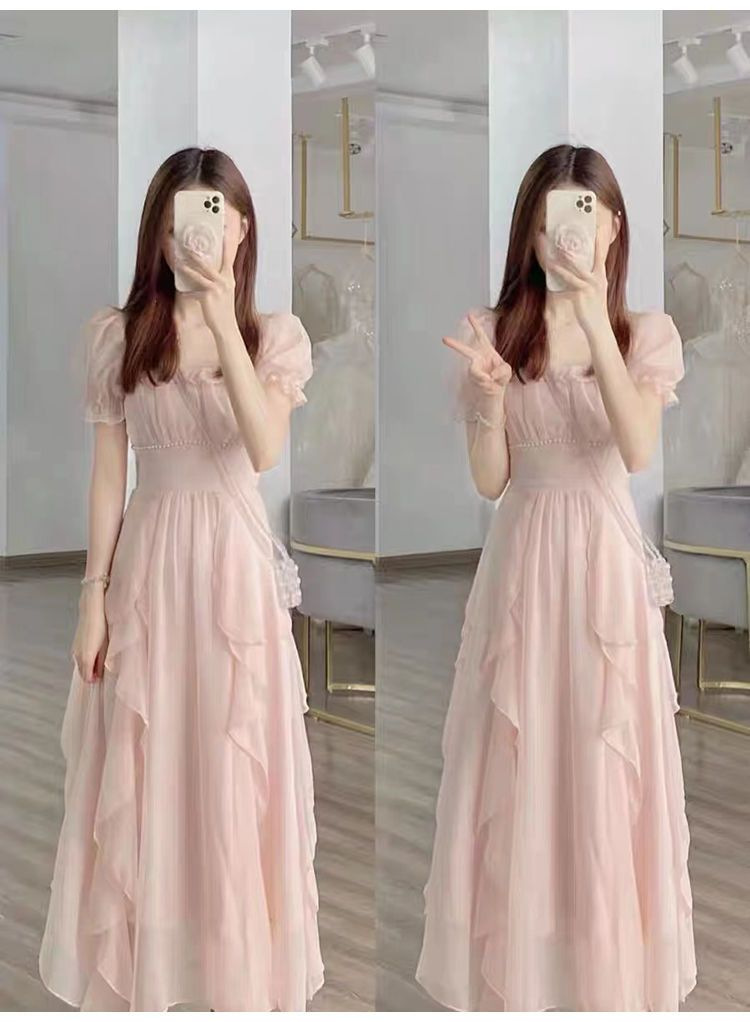 法式甜美温柔风粉色仙长裙夏季新款大码胖MM收腰显瘦雪纺连衣裙女详情4