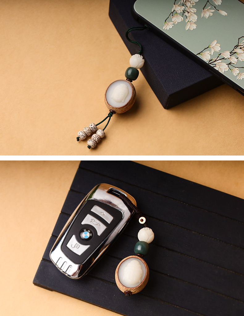 厂家供应带皮白玉菩提根雕刻观音弥勒佛手机钥匙吊坠钥匙扣挂件详情7