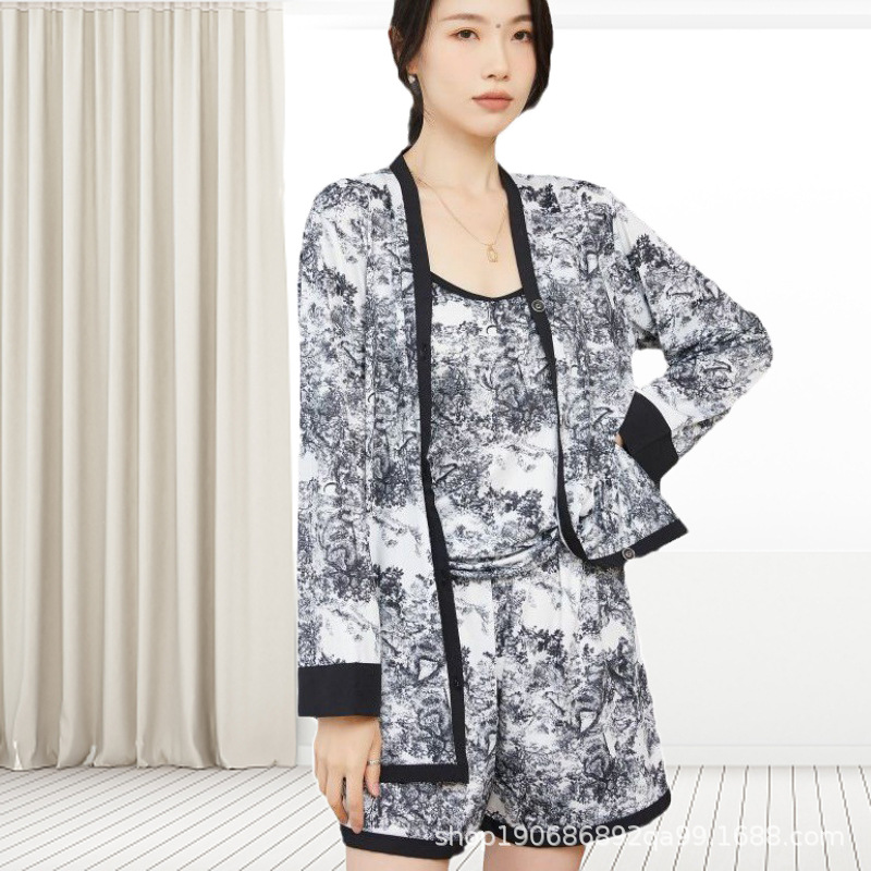 国潮春夏新款国潮水墨画居家服长款印花冰丝睡衣高级性感时尚四件套装详情12