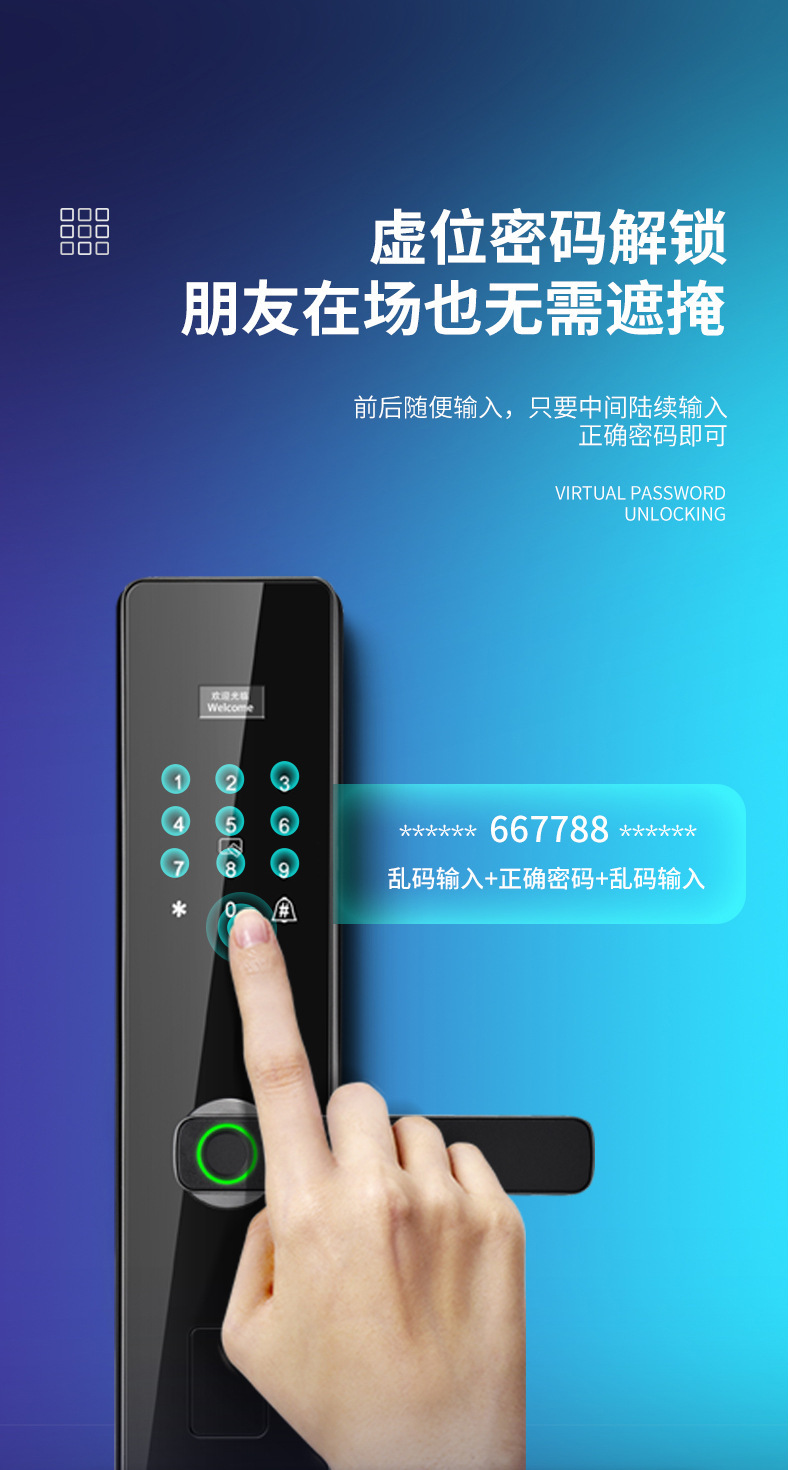 The black smart door lock is equipped with a digital keyboard, fingerprint recognition and a green circular indicator light handle pic 10
