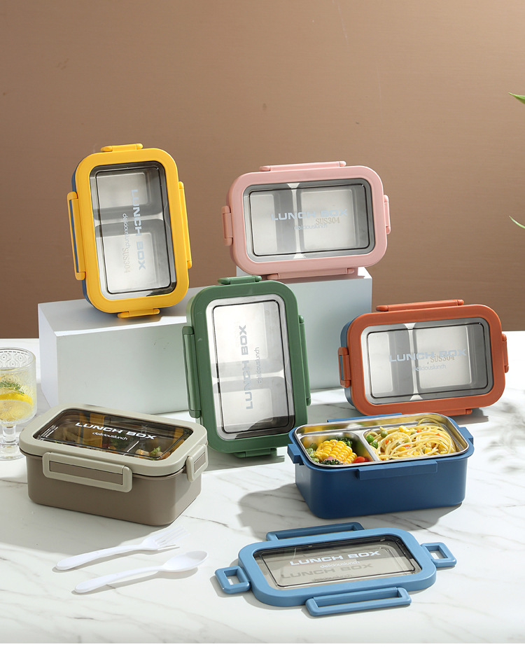 The simple and sealed double-layer lunch box with compartments is portable for office workers and students. It is a stainless steel box with heat preservation pic 15