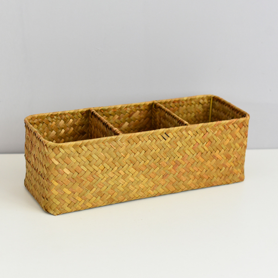 桌面复古海草收纳盒分格杂物收纳筐遥控器收纳篮藤编化妆品整理盒详情10