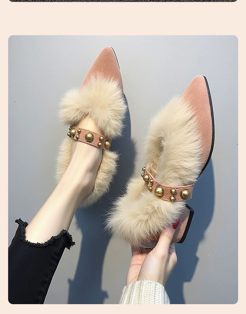 法式仙女风气质百搭一脚蹬毛毛鞋2025年秋冬新款外穿粗跟尖头单鞋详情8