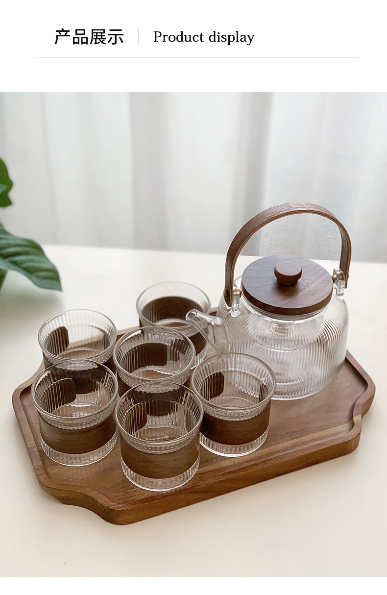 Wholesale high-temperature resistant flower and plant teapot sets, fruit boiling teapots, household steaming and boiling integrated wooden handle, glass vertical grain brewing pic 17