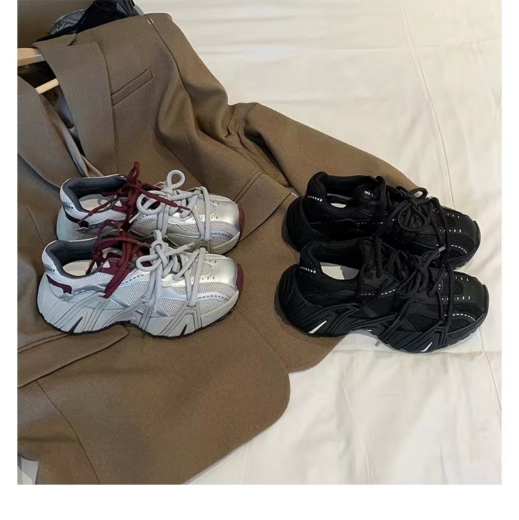 葡萄妈同款 画报女孩 时髦双鞋带网面拼接厚底增高老爹鞋女真皮详情19