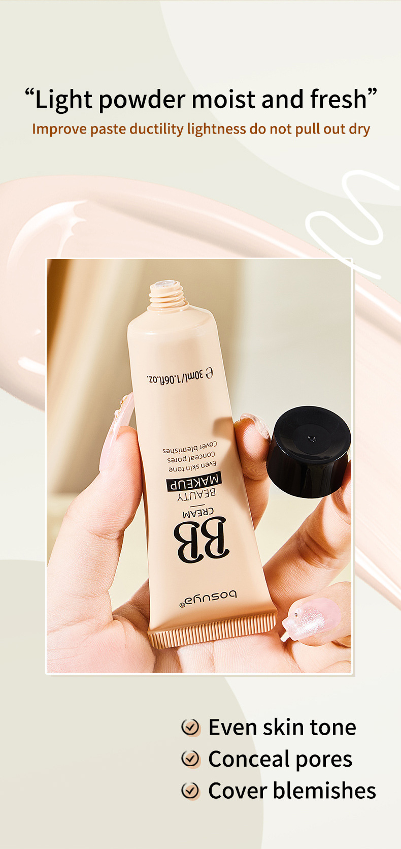 【 Cross-border Exclusive 】Bosuya Long-lasting Moisturizing Concealer Foundation, Pore-Invisible and Non-Smudging bb Cream Wholesale pic 6