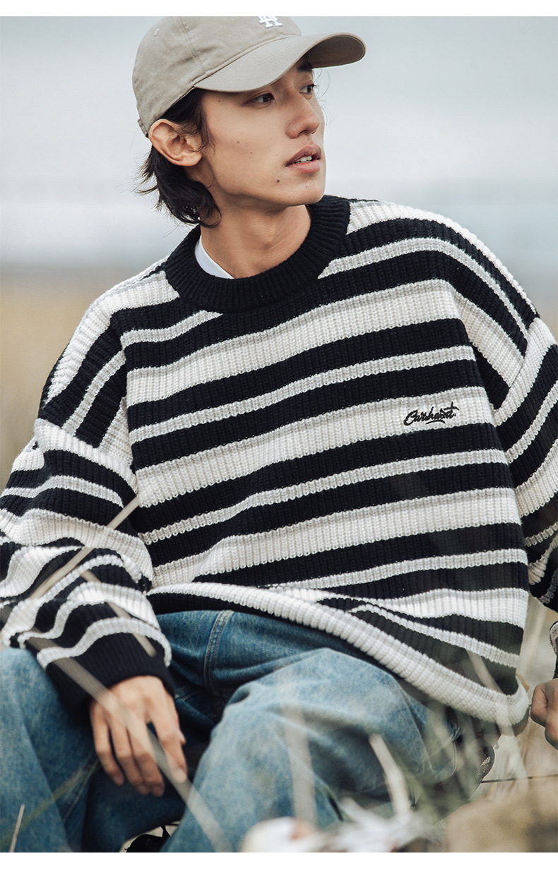 Retro color-blocking striped chunky knit sweater for both men and women, Japanese loose trendy round-neck knitted sweater jacket for autumn and winter pic 23