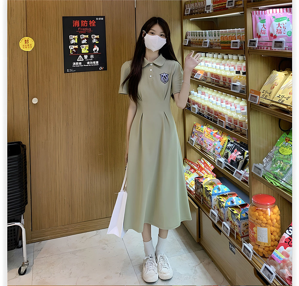 夏季POLO领短袖连衣裙女收腰显瘦过膝长裙学院风中长款休闲A字裙详情12