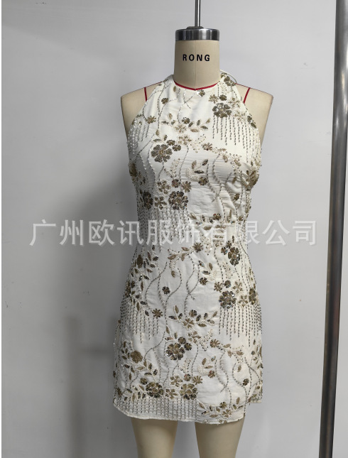 Y2k 亮片串珠连衣裙女式性感闪亮露背迷你连衣裙水钻俱乐部礼服详情2