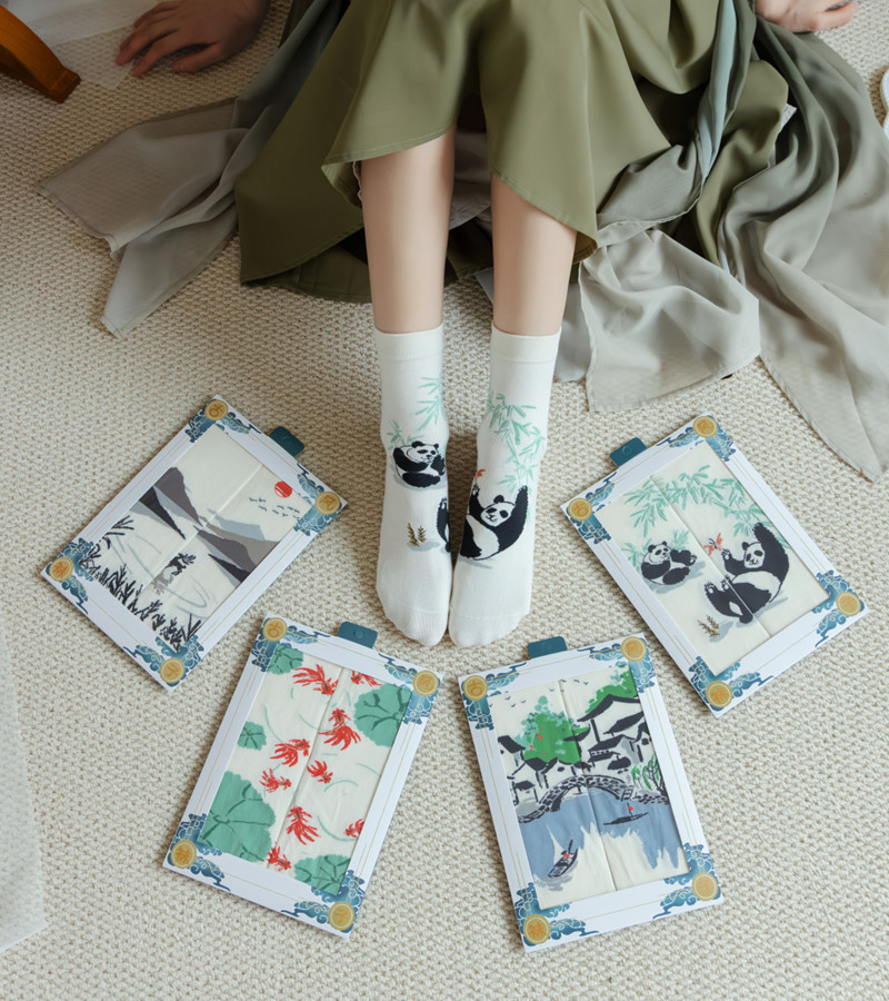 国潮袜子女原创设计古风水墨画AB鸳鸯女棉袜敦煌飞天白蛇传潮流中筒袜详情2