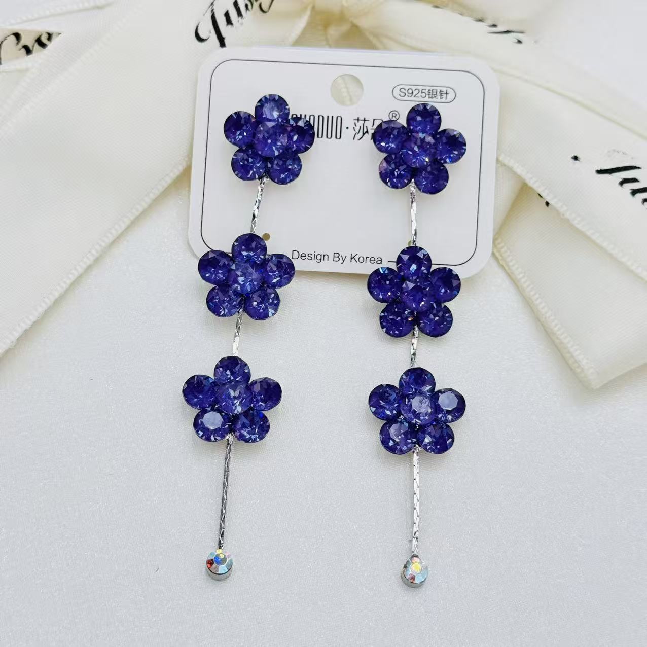 S925纯银针奥钻水晶花朵长款耳坠彩色水晶流苏耳环女时尚气质耳饰详情4