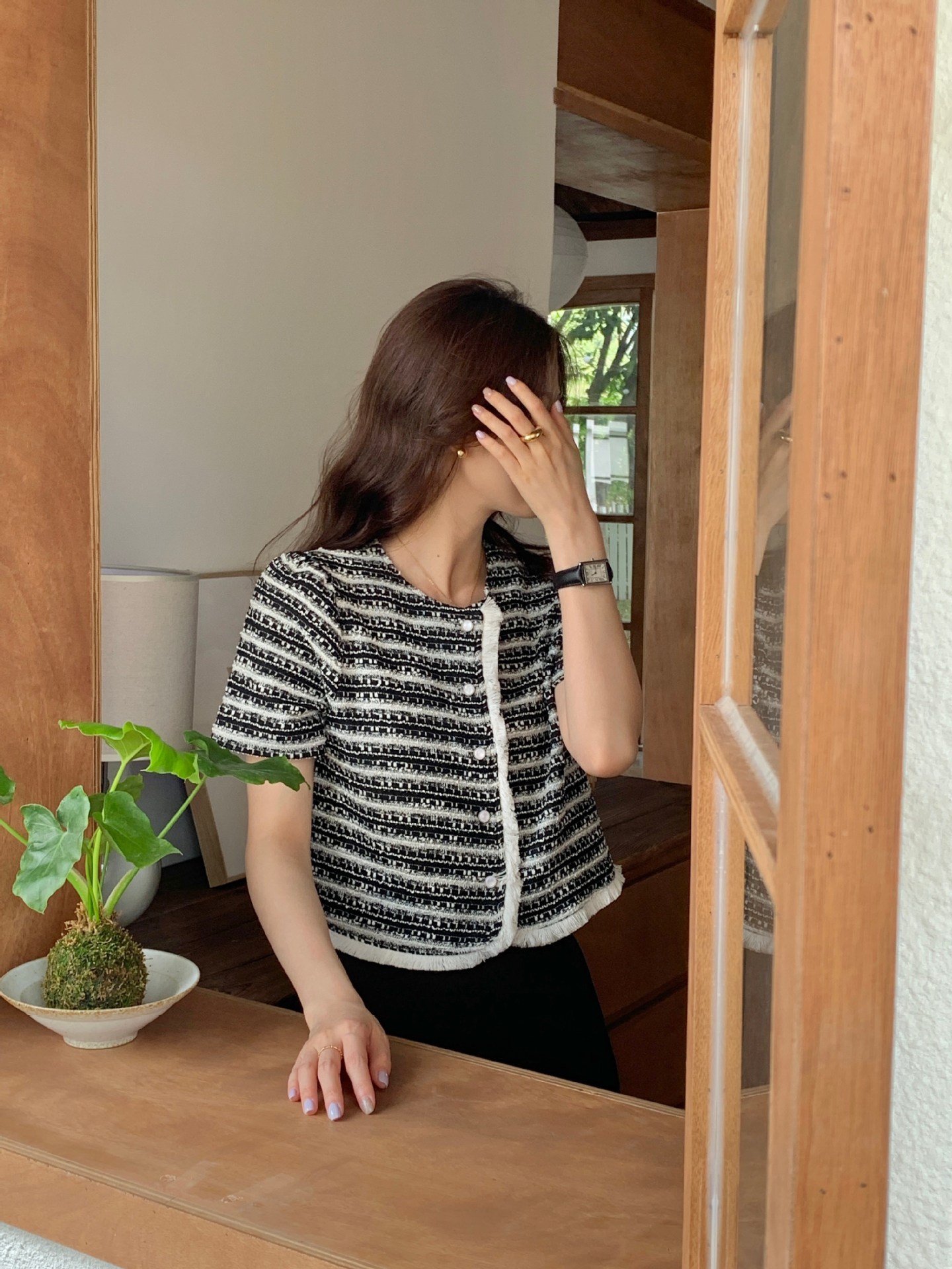 实拍 2024年新款韩系ins简约 圆领 小香风 须须毛边 上衣短袖女装详情16
