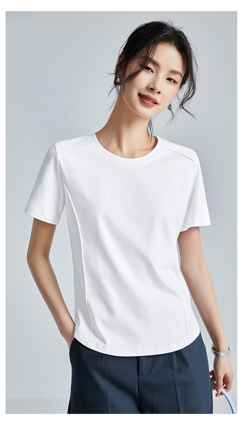 The same style of white short-sleeved off-the-shoulder T-shirt for women in the mall, 25 summer mercerized cotton round-neck base layer T-shirt, half-sleeved pic 26