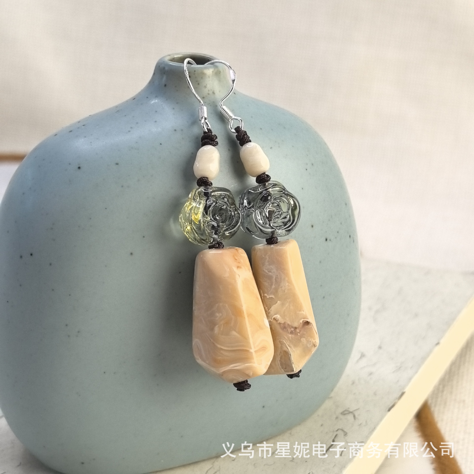 新中式玫瑰花红色紫色清新绿古装汉服轻奢长款不规则耳饰进口详情16