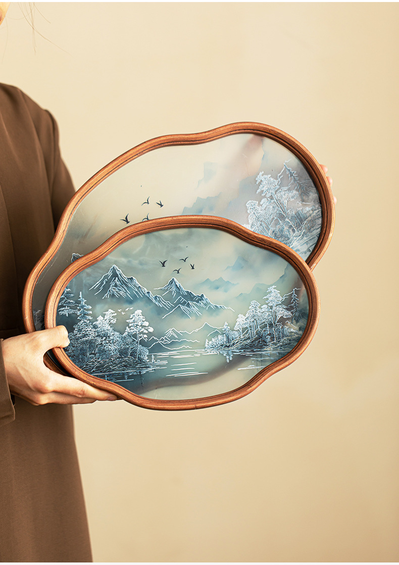 国潮山水玻璃托盘壶承茶盘家用新中式复古山水水墨风海棠花型详情6