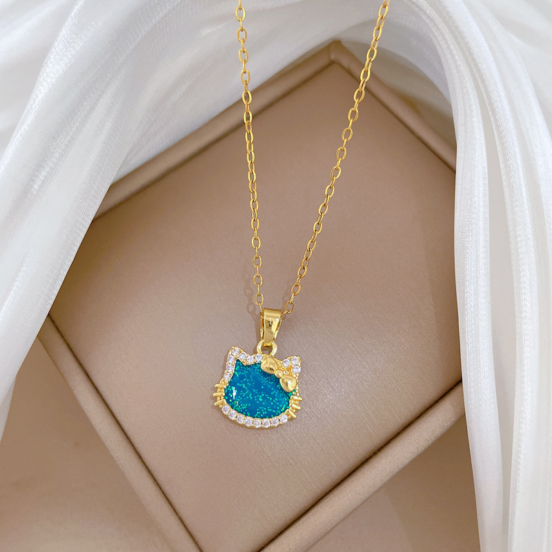 【钛钢】炫彩蝴蝶结猫咪轻奢气质华丽满钻项链女百搭锁骨钛钢链详情12