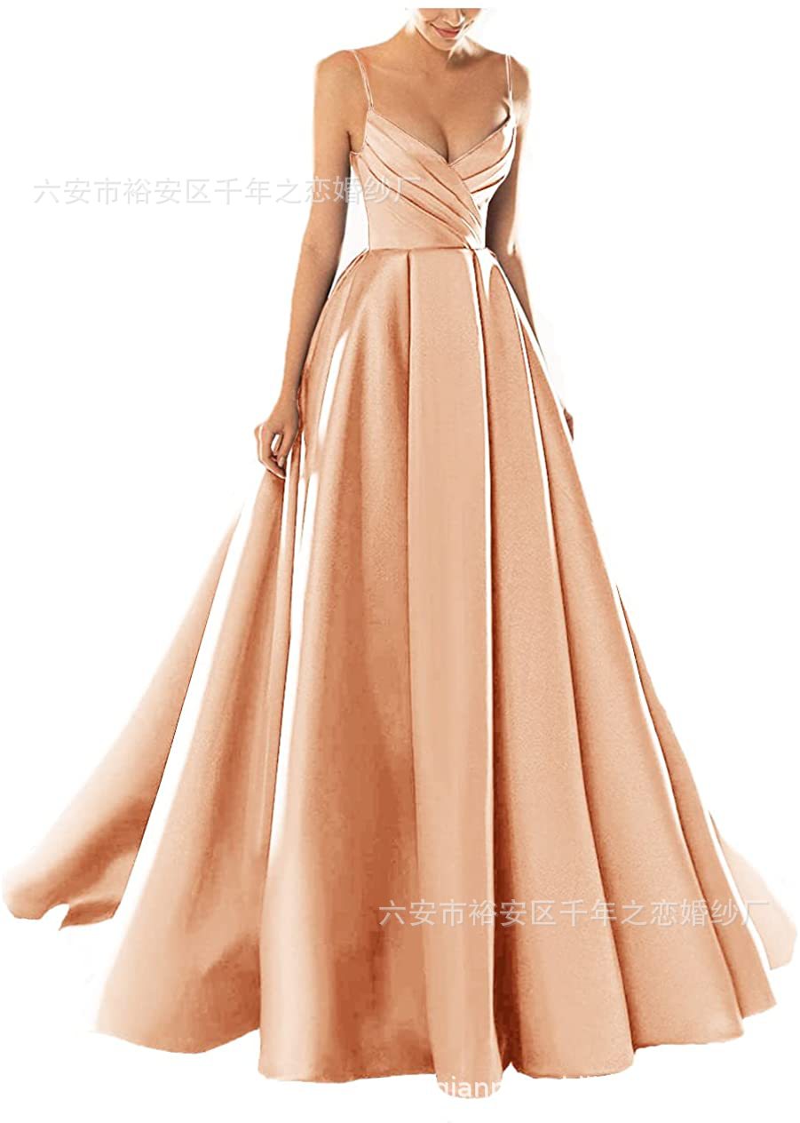 晚礼服欧美外贸2023新款春季中腰缎面粉色气质长款吊带宴会晚礼服详情33