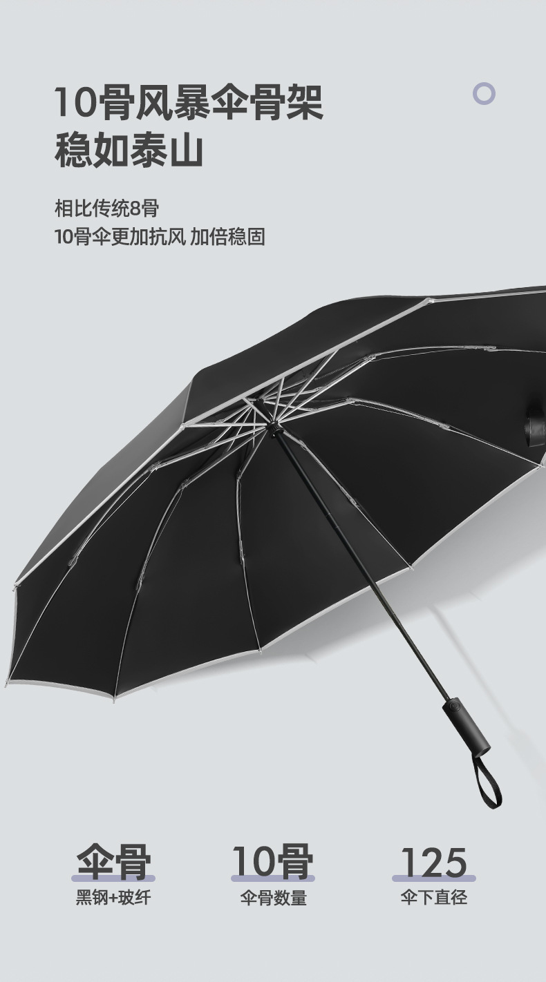 新款10骨大自动防风雨伞配色手柄三折男士商务伞雨伞定logo刻字详情15