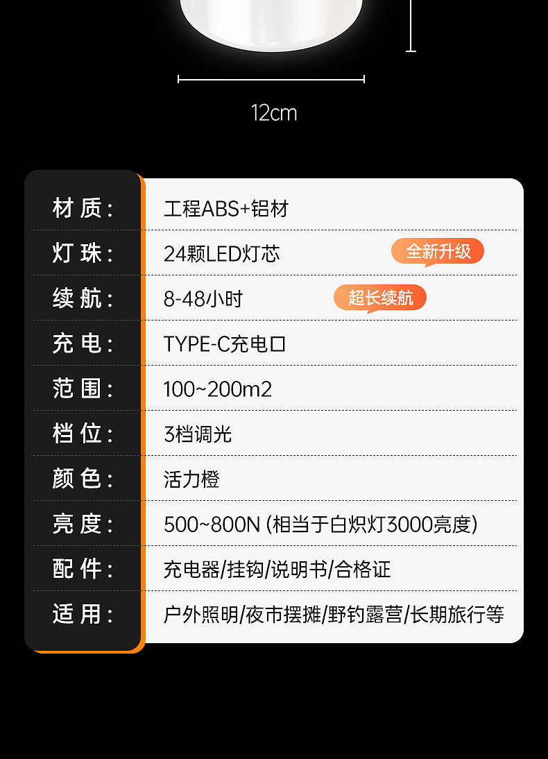 户外太阳能充电球泡灯多功能防水野营灯地摊夜市灯应急充电露营灯详情23