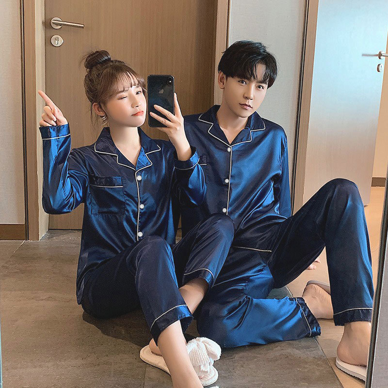 A wholesale set of short-sleeved couple pajamas for spring and autumn, featuring solid ice silk color faux silk for both men and women, can be worn as outerwear for home wear pic 24
