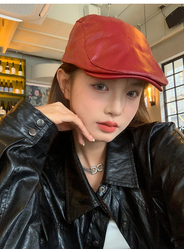 Red retro leather front hat, Korean style versatile duck tongue beret, fashionable newsboy cap, face-showing small hat pic 10