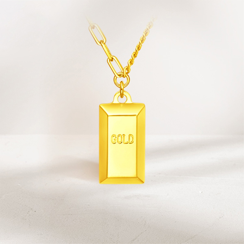 Cross-border best-selling European and American get-rich-quick gold brick necklace, titanium steel 18k gold pendant, gold-plated high-end non-fading collarbone chain pic 4