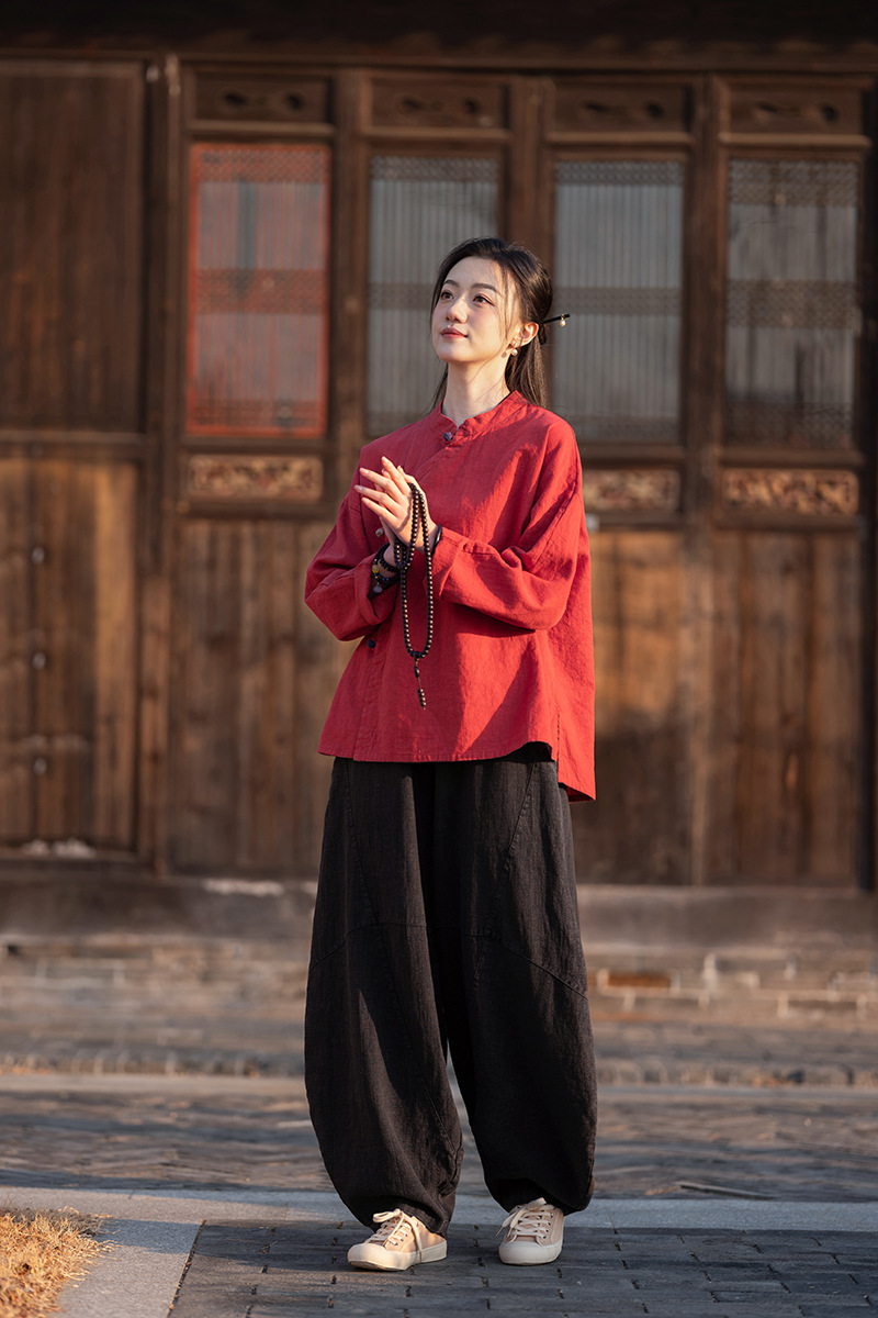 2025春夏新款棉麻女装复古立领偏襟拼色砂洗盘扣上衣长袖女式衬衫详情22