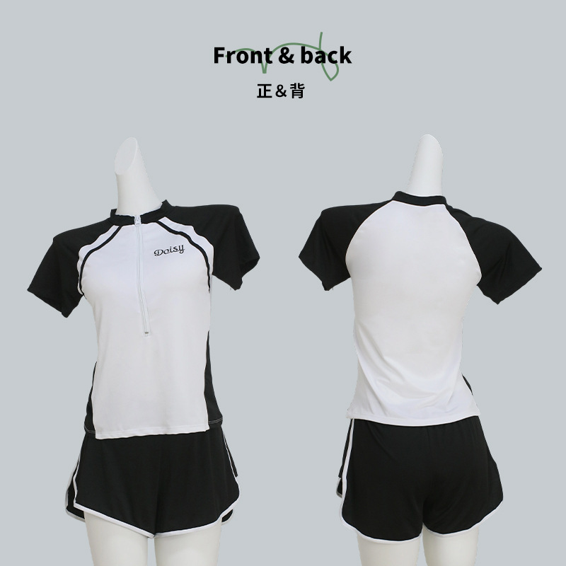 泳衣女新款爆款休闲运动风保守短袖游泳衣学生遮肚显瘦度假泳装-028443详情1