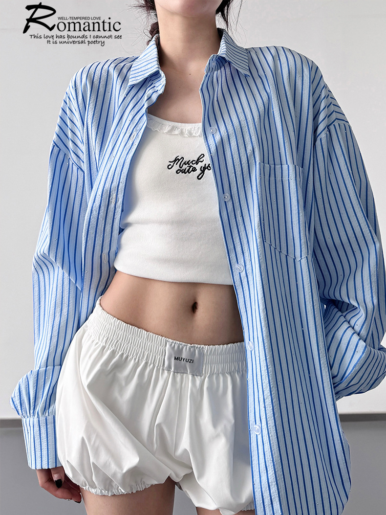 高级感蓝色条纹防晒长袖衬衫女2025超火夏装新款休闲清凉薄款衬衣详情2