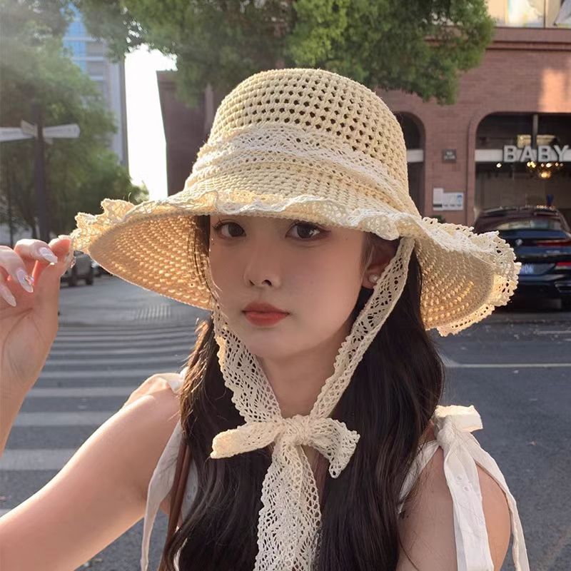 拉菲草编织草帽蕾丝花边小麦秸秆老式编筐帽子详情1