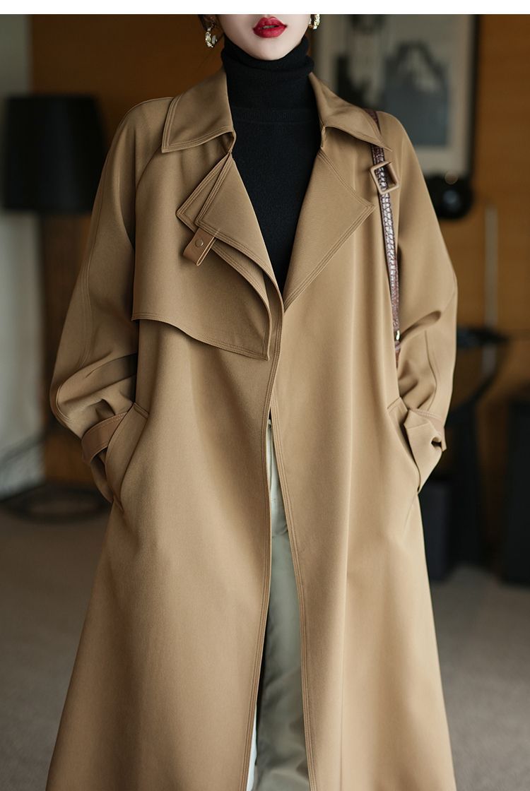 High-end and elegant long khaki trench coat for women in spring 2025, a loose, wrinkle-resistant and drape British style coat pic 5