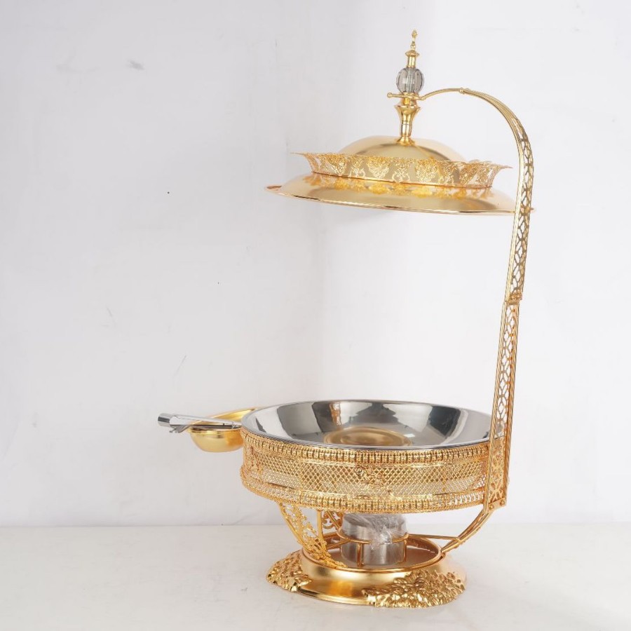 圆形豪华金色花边不锈钢酒精炉酒店餐厅自助餐炉可吊盖食物保温炉详情1