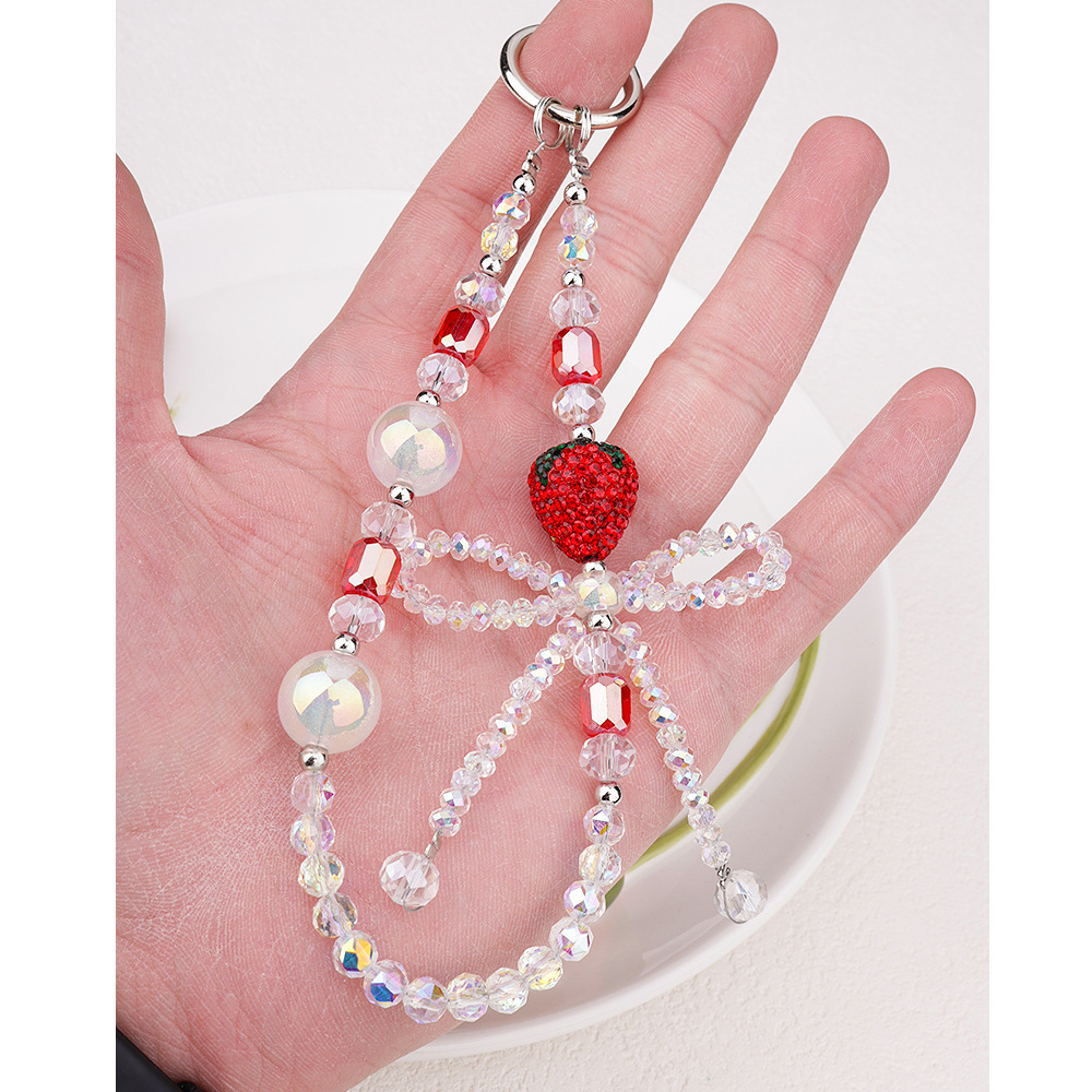 爆闪水钻水晶草莓蝴蝶结手机链带扣钥匙包包串珠挂链手机挂绳挂饰详情2